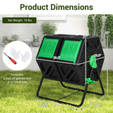 Composting bin with dimensions and included items on a grassy background