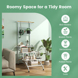 Room with 4-Tier Hanging Plant Stand with Hanging Bar, plants, and decor against a green background with text and icons.