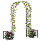 Black metal garden arch with pink flowers on a white background