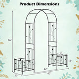 Dimensions of a decorative metal arch with floral patterns on a light blue background.