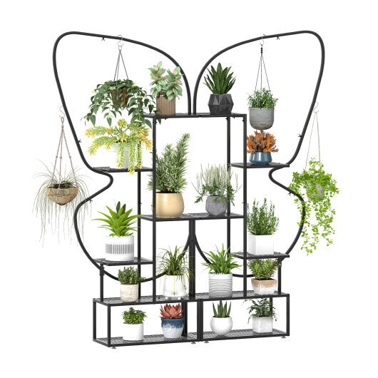 metal outdoor hanging plant stand 6-Tier Metal Plant Stand Ladder Display Rack with Hanging Hooks-Black