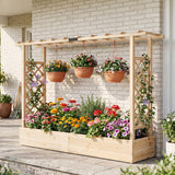 45 Inch Tall Wooden Raised Garden Bed with Side Trellis and Hanging Roof Drainage Holes-Natural