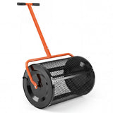 Black lawn roller with orange handle on a white background