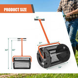 Garden roller with dimensions labeled, set against a grassy background.