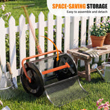 Garden roller with space-saving storage solution on a grassy area with a white picket fence.