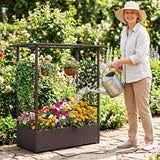 2-in-1 Raised Garden Bed with Hanging Roof and Trellises-Brown
