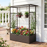 2-in-1 Raised Garden Bed with Hanging Roof and Trellises-Brown