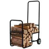 Black metal firewood cart with stacked logs on a white background