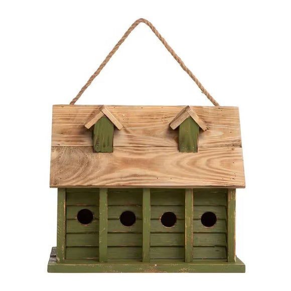 Green Wood Garden Bird House with 1 Compartment and 4 Holes - FREE SHIPPING