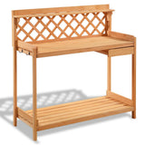 Wooden potting bench with lattice backrest on a white background