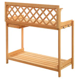 Wooden potting bench with lattice design on a white background