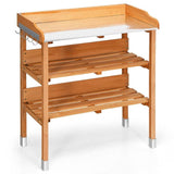 Solid Wood Outdoor Garden Bench Table with Bottom Storage Shelves and Metal Top - FREE SHIPPING