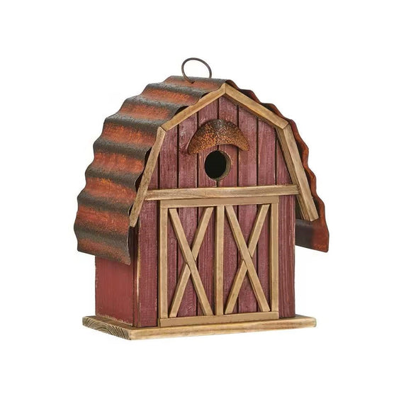 Outdoor Red Wood and Metal Barn Style Hanging Bird House - FREE SHIPPING