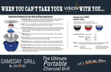 Advertisement for a portable charcoal grill with features and color options.