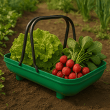 Colander Garden Trug with fresh vegetables including lettuce and radishes on a garden background