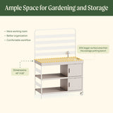 Gardening bench with storage space and text highlighting features