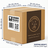 Cardboard box with Florinia branding and dimensions on a white background