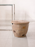 Minimalist White Round Basket with Gray Squares