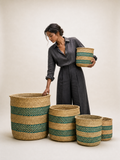 African Iringa woven basket with Turquoise Stripe