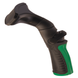 Black and green garden hose nozzle on a white background