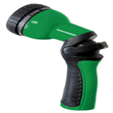 Green and black garden hose nozzle on a white background