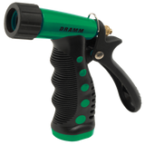 Green and black garden hose spray nozzle with 'Dramm' branding on a white background