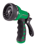Green and black garden hose nozzle with multiple spray settings on a white background