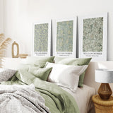 Bedroom with green bedding and Large William Morris Floral Pattern Art Set Decor on the wall