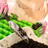 Person planting seeds in a seedling tray with gardening tools and gloves.
