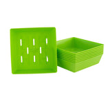 Stack of green square plastic 5X5 Shallow Microgreen Trays on a white background