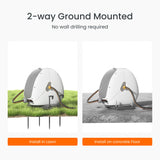 Two ground-mounted irrigation systems with text indicating no wall drilling is required.
