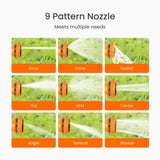 Gardening nozzle with 9 different water spray patterns on a grass background