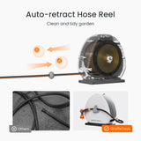 Auto-retract hose reel with clear casing, showing hose retraction and Giraffe Tools branding.