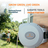 Giraffe Tools Retractable Garden Hose Reel-5/8 in-65ft with National Forest Foundation branding and a person gardening in the background.