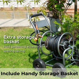 Garden hose reel cart with extra storage basket on grass