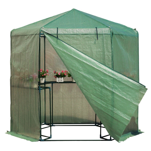 Outdoor Hexagon Greenhouse 6.5 x 7 Ft with Steel Frame PE Cover and Shelves - FREE SHIPPING
