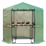 Outdoor Hexagon Greenhouse 6.5 x 7 Ft with Steel Frame PE Cover and Shelves - FREE SHIPPING