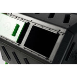 Black metal frame with green and white label on a white background
