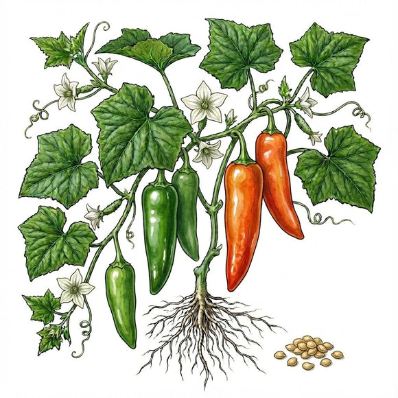 Illustration of a pepper plant with green and red peppers, leaves, and seeds. HOT PEPPER Seeds, Anaheim Chili