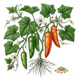 Illustration of a pepper plant with green and red peppers, leaves, and seeds. HOT PEPPER Seeds, Anaheim Chili