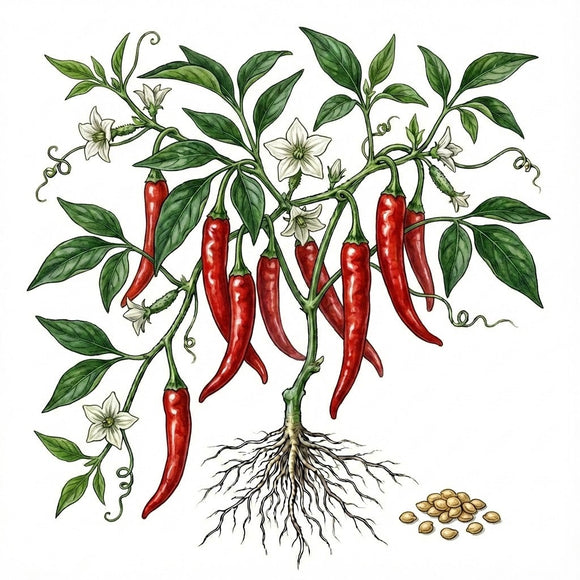 Illustration of a chili pepper plant with red peppers, green leaves, and roots. HOT PEPPER Seeds, Cayenne