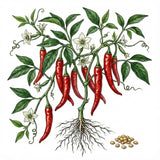 Illustration of a chili pepper plant with red peppers, green leaves, and roots. HOT PEPPER Seeds, Cayenne