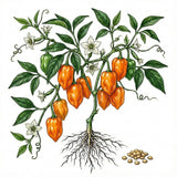 Illustration of a pepper plant with HOT PEPPER Seeds, Habañero orange peppers, green leaves, and roots. 
