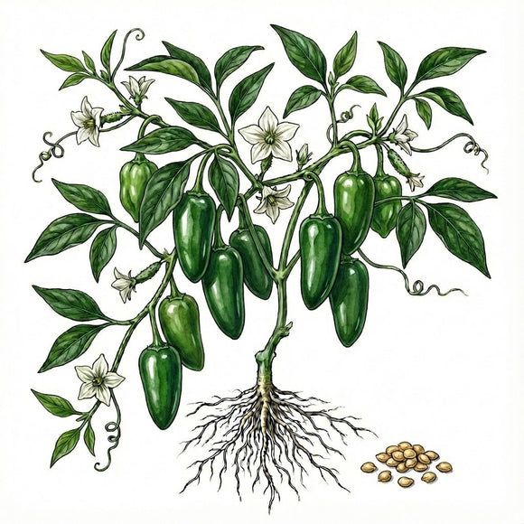 Illustration of a jalapeño pepperHOT PEPPER Seeds, Jalapeño plant with green peppers, leaves, and roots. 
