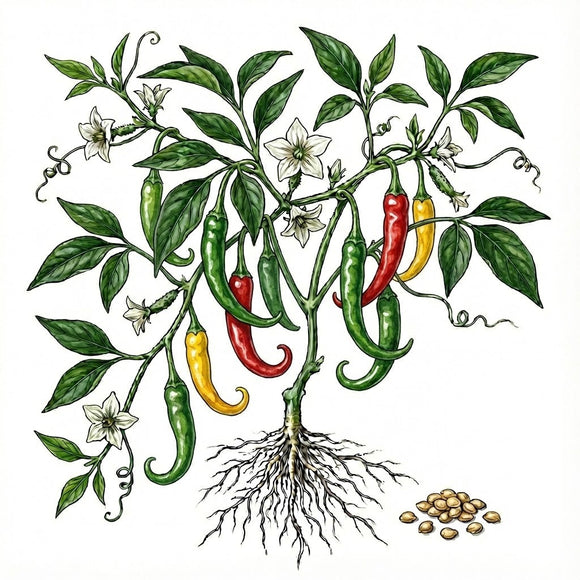 Illustration of a chili pepper p ant with green, red, and yellow peppers.HOT PEPPER Seeds, Serrano Chili

