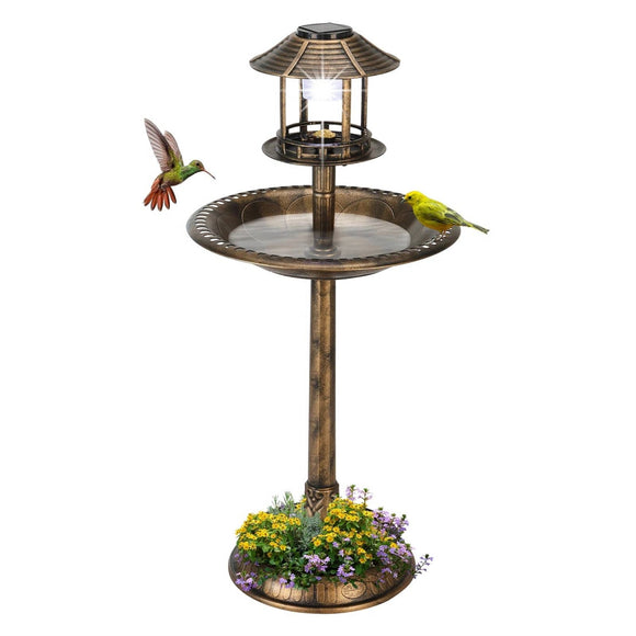Outdoor Garden Birdbath in Bronze Finish with Solar Light - FREE SHIPPING