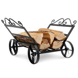 Decorative black metal firewood cart with logs on a white background