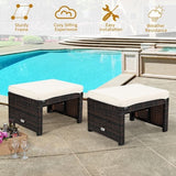 2 Pieces Patio Rattan Ottomans with Soft Cushion for Patio and Garden-Red
