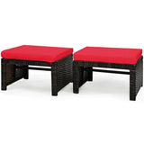 2 Pieces Patio Rattan Ottomans with Soft Cushion for Patio and Garden-Red