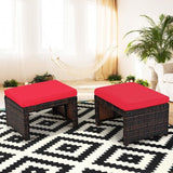 2 Pieces Patio Rattan Ottomans with Soft Cushion for Patio and Garden-Red